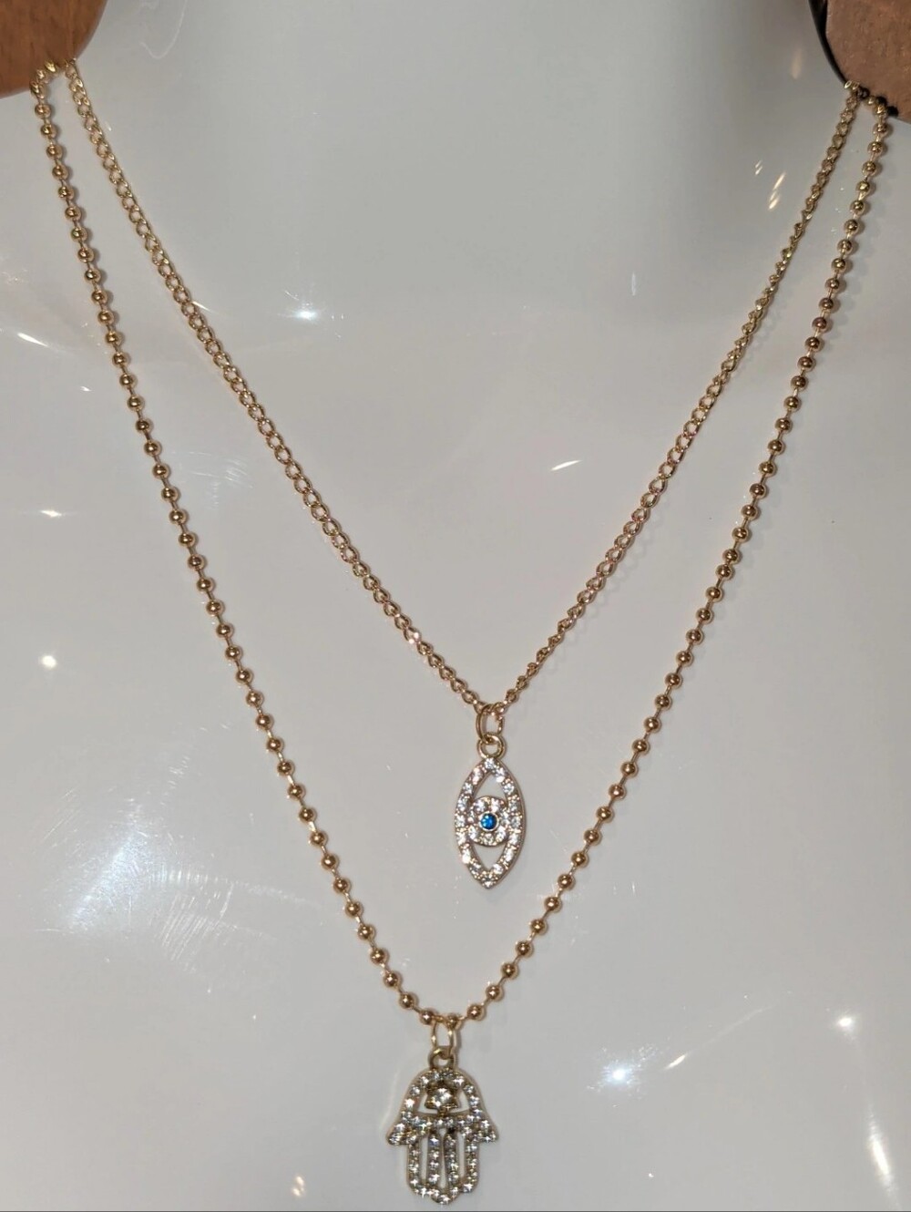 Gold-Tone Layered Hamsa & Eye Pendant Necklace with Blue Accent - Women Jewelry